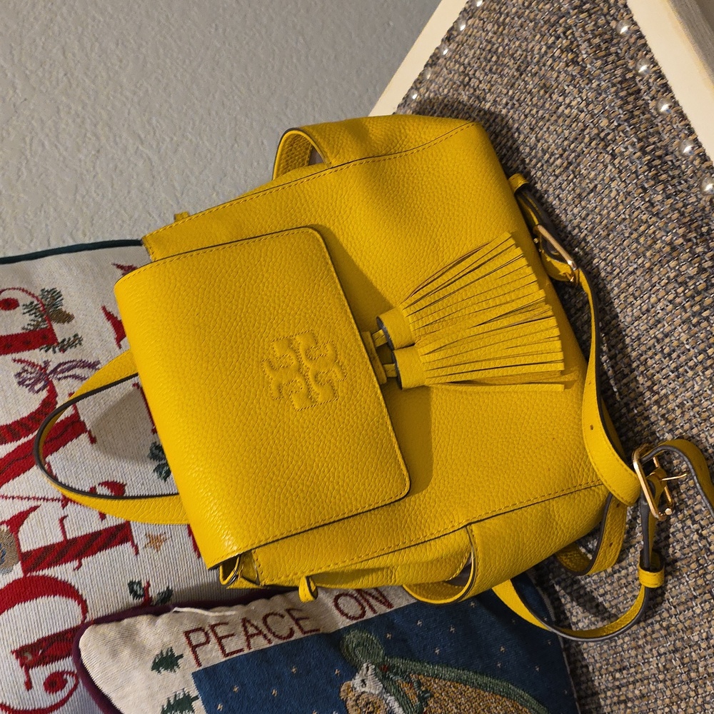 Tory Burch Chic Yellow Leather Backpack with Tassels - Picture 12 of 14